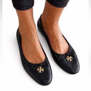 Tory Burch Black Leather Flats with Gold Logo